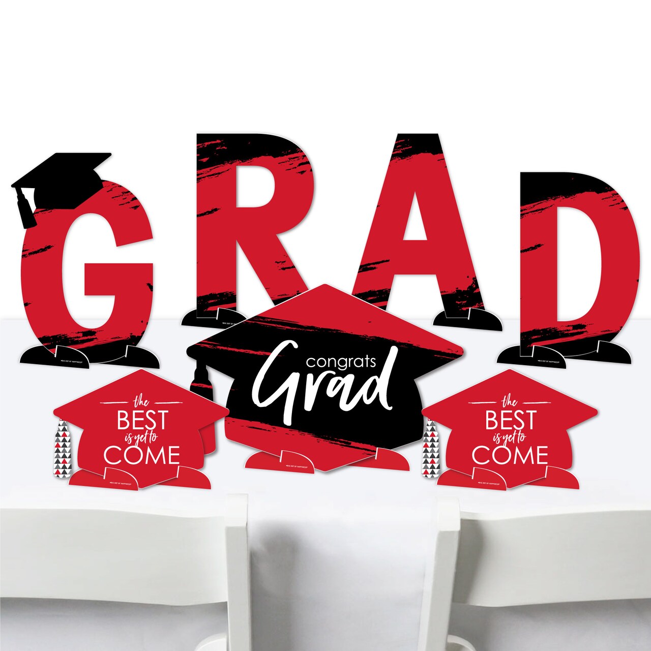 Big Dot of Happiness Red Graduation Party Centerpiece Table Decorations - Tabletop Standups - 7 Pieces